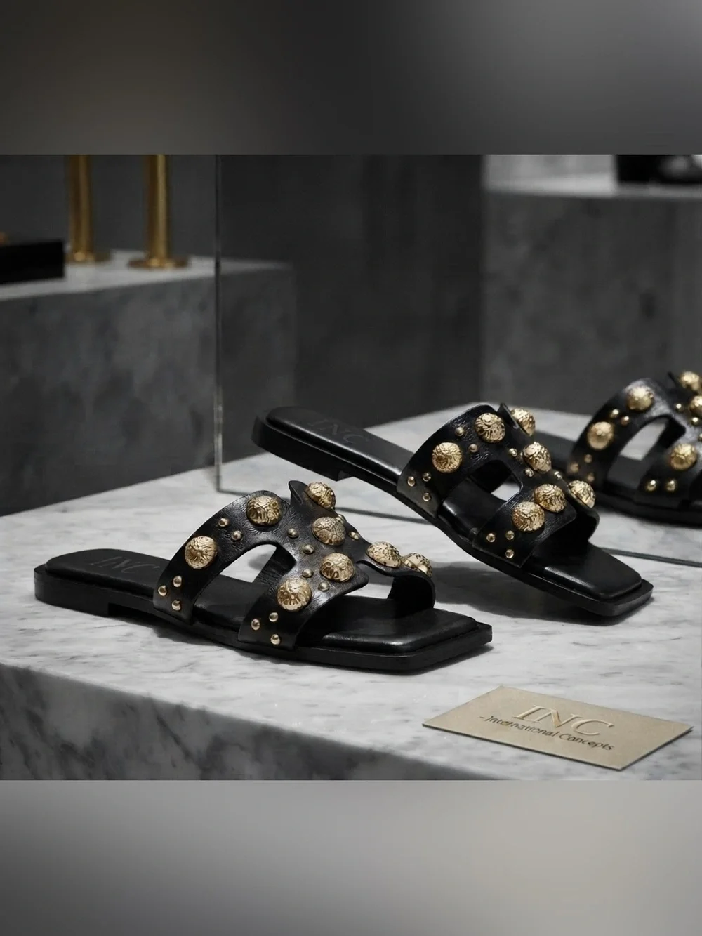 INC International Concepts Black Slide Sandals with Gold Studs